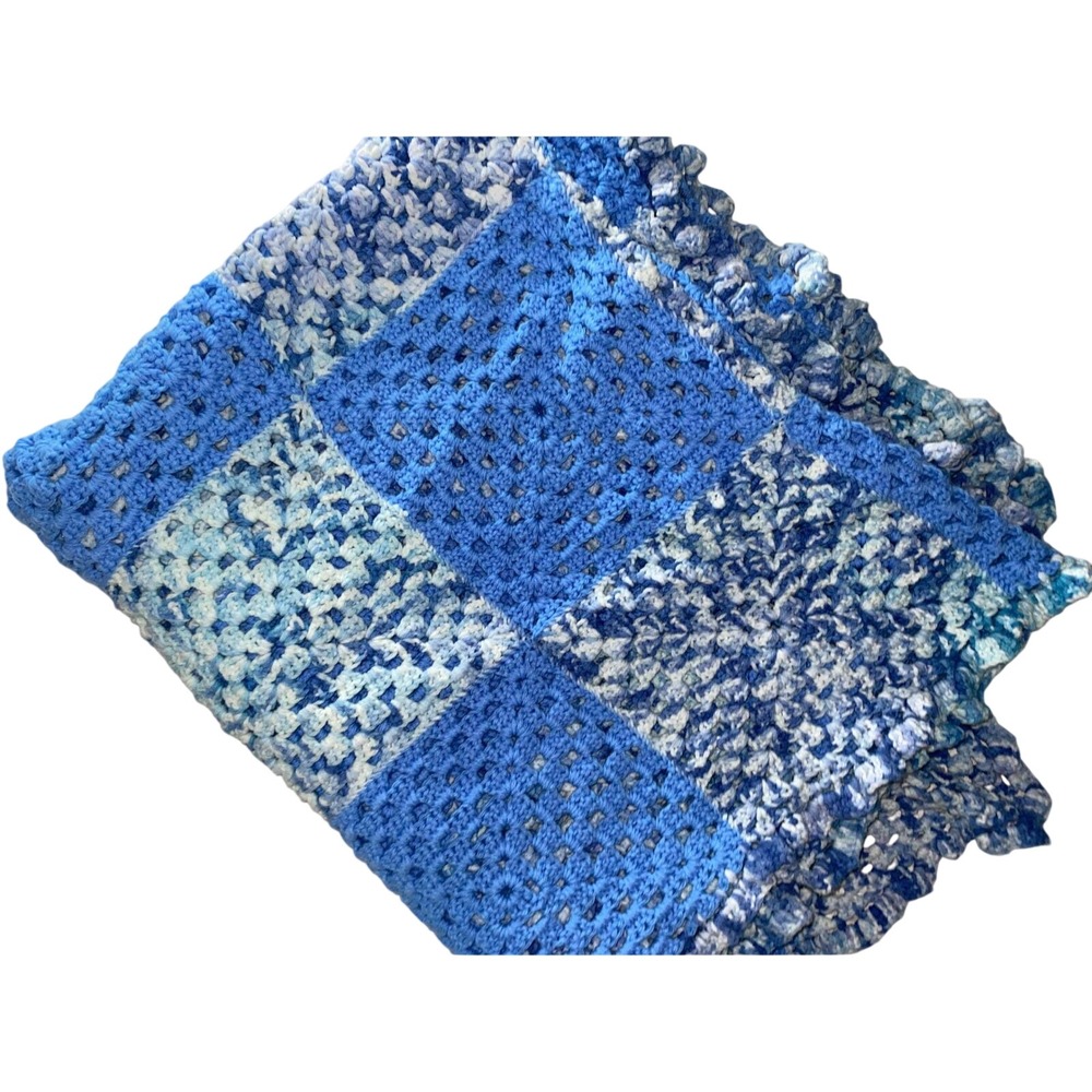 Handmade Crochet Granny Square Throw Blanket Blue Patchwork 52x69 Country